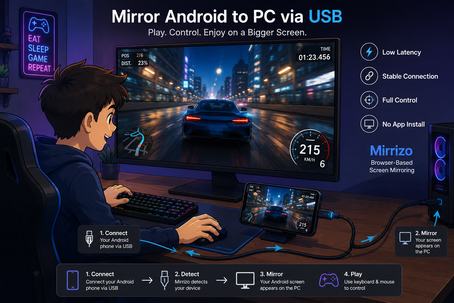 Mirror Android phone to Windows PC via USB using Mirrizo browser-based screen mirroring